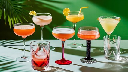 Alcoholic beverages summer cocktail party multicolored low alcohol drink glasses set green background hard light shadow pattern
