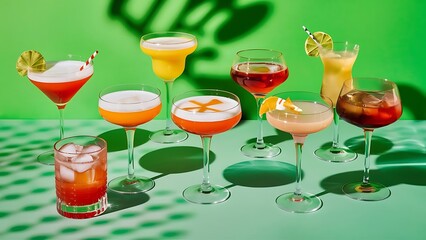 Alcoholic beverages summer cocktail party multicolored low alcohol drink glasses set green background hard light shadow pattern