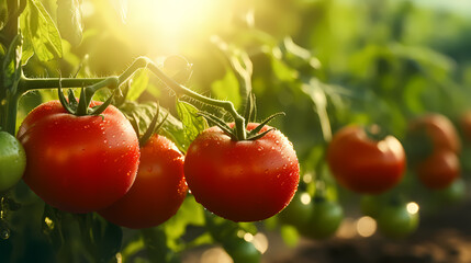 Ripe tomatoes growing on the vine in an organic vegetable garden