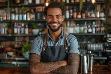 Fototapeta premium Smiling bartender with arms crossed behind the bar.