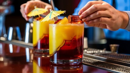 Close up of a bright yellow and red cocktail standing on a bar counter