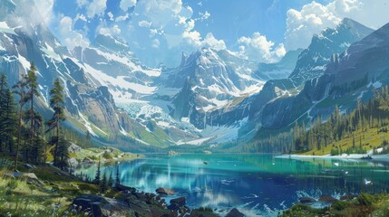 Fototapeta premium Snow capped peaks overlooking a valley lake