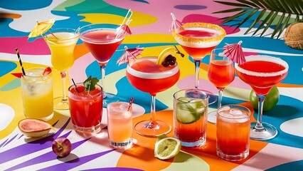 Glasses of cocktails on bright background