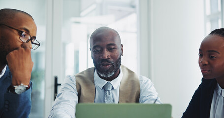 Partner, black people and laptop in office on meeting for ideas on project with teamwork and collaboration. Employee, discussion and boardroom with research for planning and strategy as accountant