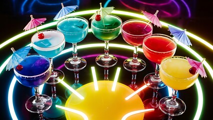 Glasses of cocktails on bright background