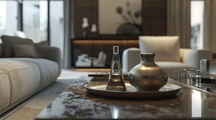 A sophisticated modern living room with elegant furnishings and a neutral color scheme, captured in high-definition