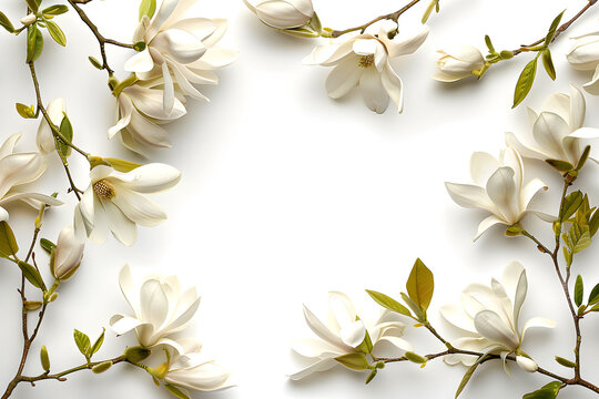Close-up of white magnolia flowers in full bloom on a branch, with copy space, showcasing their delicate petals and elegant form.