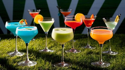 Alcoholic beverages summer cocktail party multicolored low alcohol drink glasses set green background hard light shadow pattern