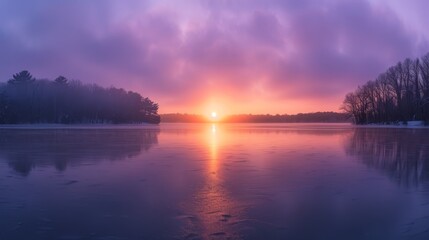 Fototapeta premium sun setting over a expansive water body, reflecting hues of orange and red Trees line the opposite shore, their silhouettes framed against the