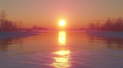 Fototapeta premium A sunset scene over a large body of water The sun is positioned in the middle, casting an orange glow over the surface Trees line the opposite shore, their branches dusted with