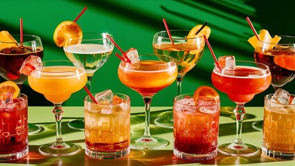 Alcoholic beverages summer cocktail party multicolored low alcohol drink glasses set green background hard light shadow pattern