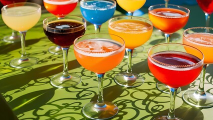 Alcoholic beverages summer cocktail party multicolored low alcohol drink glasses set green background hard light shadow pattern