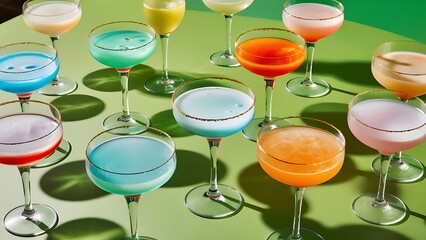 Alcoholic beverages summer cocktail party multicolored low alcohol drink glasses set green background hard light shadow pattern