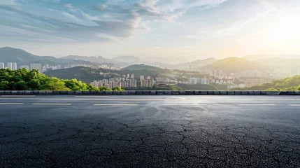 Papier peint photo Noir Asphalt road and city skyline with green mountain landscape on a sunny day panoramic view : Generative AI  © The Little Hut