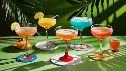 Alcoholic beverages summer cocktail party multicolored low alcohol drink glasses set green background hard light shadow pattern