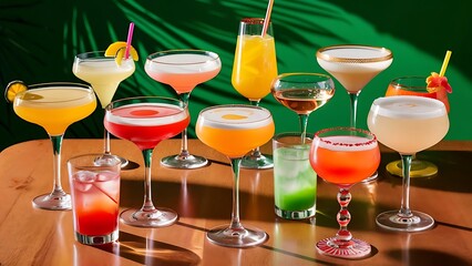 Alcoholic beverages summer cocktail party multicolored low alcohol drink glasses set green background hard light shadow pattern