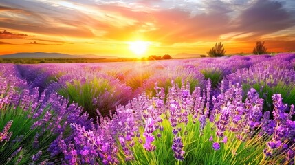 Fototapeta premium A field of green grass dotted with purple flowers, sun setting in the background