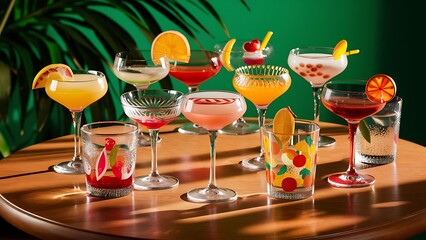 Alcoholic beverages summer cocktail party multicolored low alcohol drink glasses set green background hard light shadow pattern