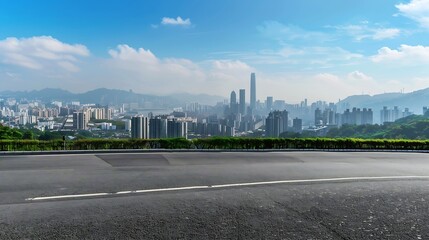 Obraz premium Asphalt highway road and city skyline with green mountain scenery in Shenzhen Panoramic view : Generative AI