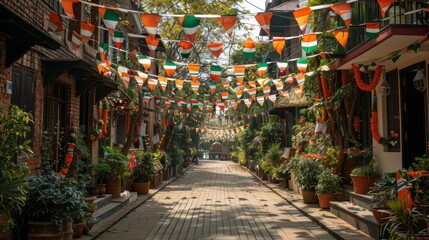 Fototapeta premium Street with Indian flags, garlands, and other festive elements celebrating Independence Day of India, Republic Day