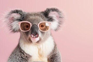 A studio close-up portrait photo of a cute koala wearing sunglasses, against a background of pastel shades.