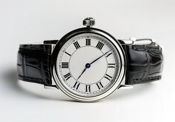 Classic Black Leather Strap Watch on a white background