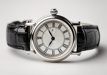 Classic Black Leather Strap Watch on a white background