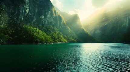 A beautiful green water lake rests beside a towering mountain bordered by a lush green forest The serene landscape offers a picturesque scene of natural harmony and tranquility : Generative AI - Powered by Adobe