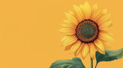Fototapeta premium The image shows a beautiful sunflower in full bloom against a solid yellow background