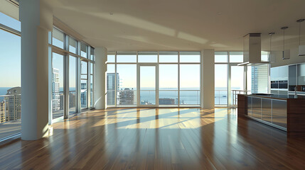 Fototapeta premium A spacious condo interior with floor-to-ceiling windows and panoramic views, captured in HD