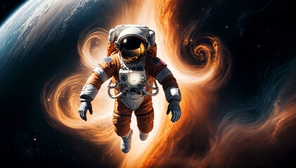 Fototapeta premium An astronaut floating in space with Earth in the background, a cosmic scene