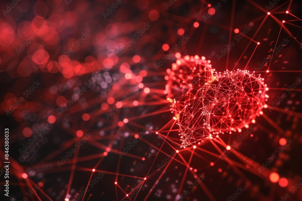 Poster digital heart made of red particles in a dark background representing network connections