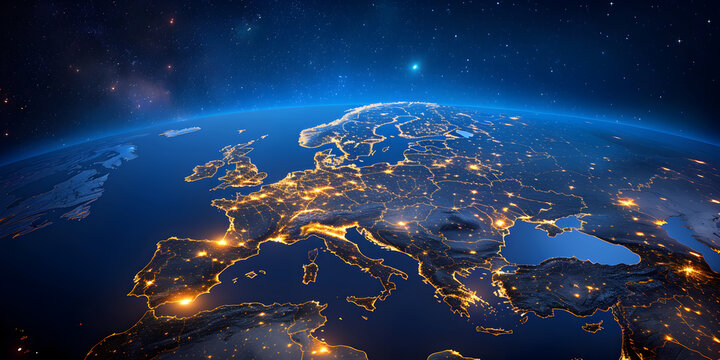 Earth globe with Erope map, telecommunication and data transfer networks with global internet and artificial intelligence connectivity for communication technology