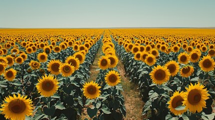 Obraz premium Large sunflower field, blue backdrop sky, foreground - yellow flower field