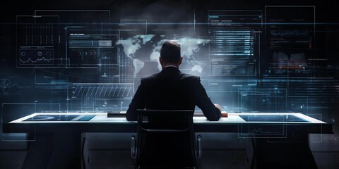 A man sits at an advanced control desk, surrounded by multiple high-tech screens displaying global data and analytics in a dimly-lit futuristic setting.