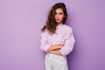 Fototapeta premium Stylish Israeli Woman in Casual Attire on Pastel Purple Background with Space for Text