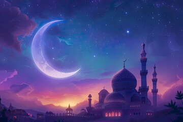 Ramadan Kareem background.Crescent moon at a top of a mosque with copy space with generative ai