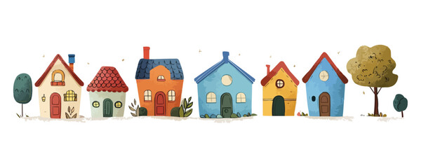 Fototapeta premium Cute tiny houses. Cartoon small town houses, minimalism city buildings. Isolated on a white background.. vector simple illustration