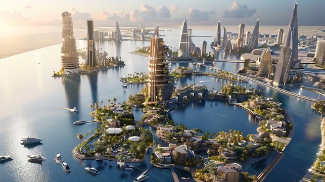Neom, a city project in Saudi Arabia, featuring The Line and Neom Oxagon. This eco-friendly vertical city is designed for sustainability and offers a futuristic vision of urban living.
