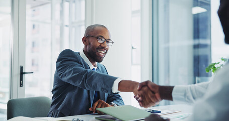 Man, business and shaking hands in office for meeting, lawyer and client in legal consultation together for agreement. Professional, negotiation and thank you gesture, partnership and opportunity