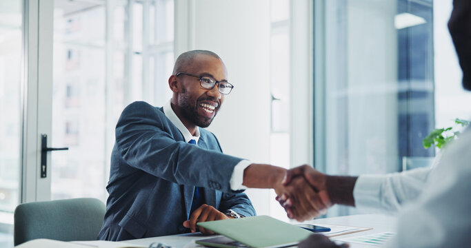 Man, business and shaking hands in office for meeting, lawyer and client in legal consultation together for agreement. Professional, negotiation and thank you gesture, partnership and opportunity