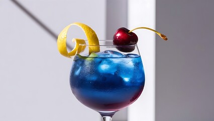 Fresh blueberry cocktail with lemon peel and cherry