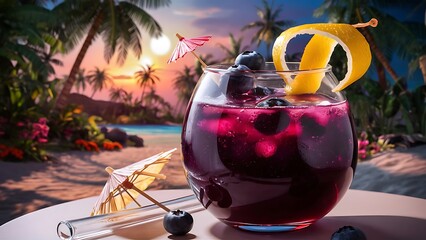 Fresh blueberry cocktail with lemon peel and cherry