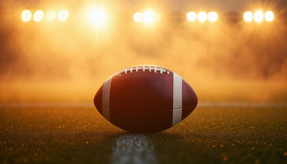 football ball in front of warm-toned spotlights on the field and foggy background