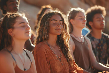 International Day of Peace. A diverse group of people sitting in a circle with their eyes closed, meditating and sending out positive vibes for peace.