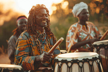 Independence Day (Mali). A group of friends playing traditional Malian instruments, with the sound of music filling the air.