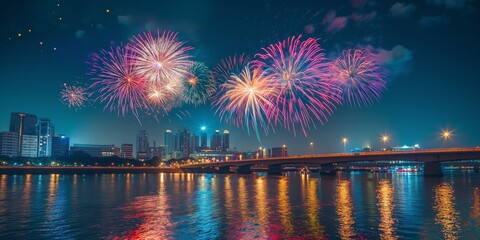 Fototapeta premium A stunning display of vibrant fireworks lighting up the night sky over a city skyline, reflecting in a calm body of water, creating a spectacular and festive atmosphere.