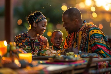 Heritage Day (South Africa). A portrait of a family dressed in colorful, traditional South African attire, gathered together around a table enjoying a meal together in celebration of Heritage Day.