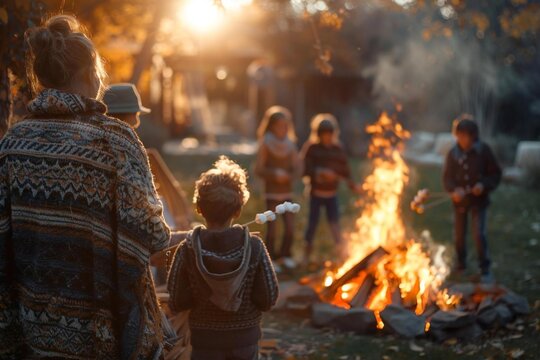 Autumnal Equinox. A family gathered around a bonfire in the backyard, with everyone dressed in cozy sweaters and blankets, roasting marshmallows and telling stories.