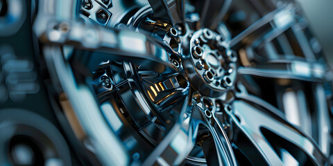Closeup of a shiny car wheel with intricate spokes and a reflection.High-Resolution Closeup of a Car Wheel with Decorative Spokes